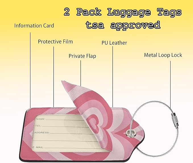 2 PCS Luggage Tags for Suitcase Pink Heart Leather Suitcases Tag with Stainless Steel Loop and Name ID Address Label Privacy Cover for Women Men Travel Luggage Accessories