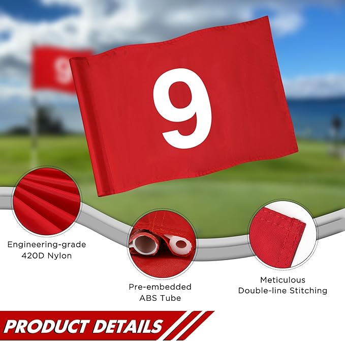 KINGTOP Numbered Golf Flag 20x14 Inch - 420D Dual-layer Nylon, Double Sided Printed, Tube Inserted - Standard Putting Green Flags for Backyard Practice, Golf Courses, Country Club, #1-9