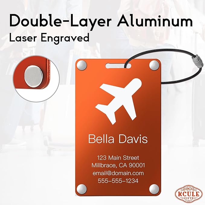 Personalized Luggage Tags: Custom Metal Luggage Tags for Suitcases, Backpacks and Bags with Your Personalized Text (Orange)