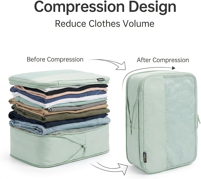 4 Piece Compression Packing Cubes for Suitcases and Backpack, Lightweight Travel Organizer Bags (Light Green)