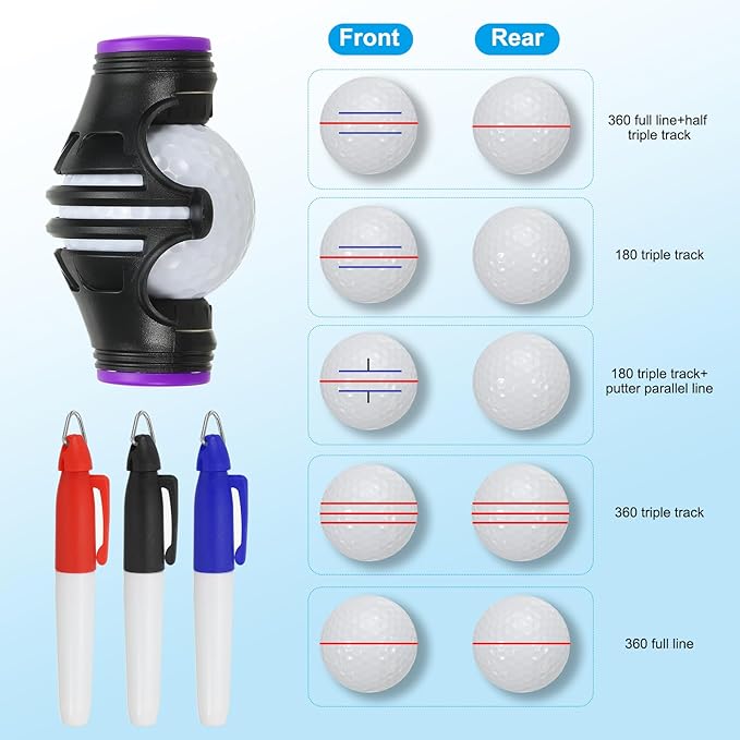 PATIKIL Golf Ball Marker Stencil 360 Degree Triple Track Golf Ball Alignment Marking Tool Line Drawing Marker with Marker Pens for Men Women