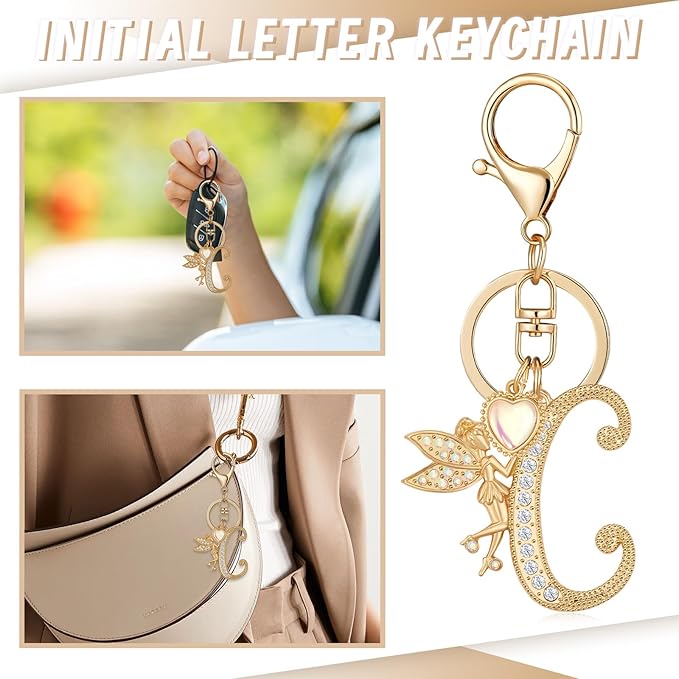 Gold Plated Alphabet Initial Letter Keyring Keychain for Women Girls Crystal Key Chains for Wallet Backpack Bag Charm