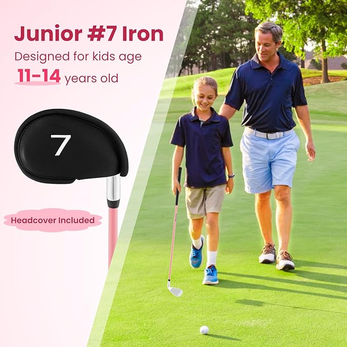 Tangkula Junior #7 Iron for Kids, Individual Gold Club for Boys and Girls with Fiberglass Shaft and Head Cover, Junior Practice Golf Club, Right Hand, 33 Inch, Ages 11-14