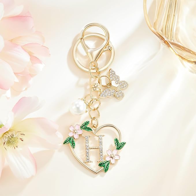 Gold Heart Initial Letter Keychain for Women Key chain Keyring for Purse Handbags Backpack Charm