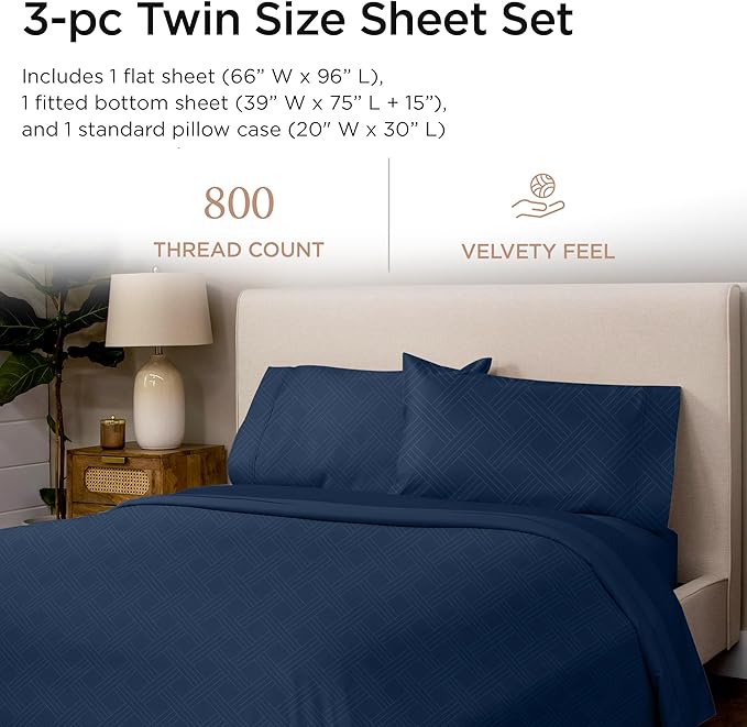 Threadmill Twin Sheets for Twin Mattress | 800 Thread Count Jacquard Folkstone Blue Sheets | 100% Cotton 3 Piece Bed Sheets | Extra Long Staple Cotton | Cotton Sheet with Elasticized Deep Pocket