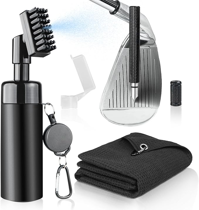 Golf Club Cleaner Brush, Golf Groove Sharpener Tool & Golf Towel, Golf Water Brush with Spray Bottle & Retractable Clip - Holds 5oz of Water, Essential Golf Accessories for Men for Golfer