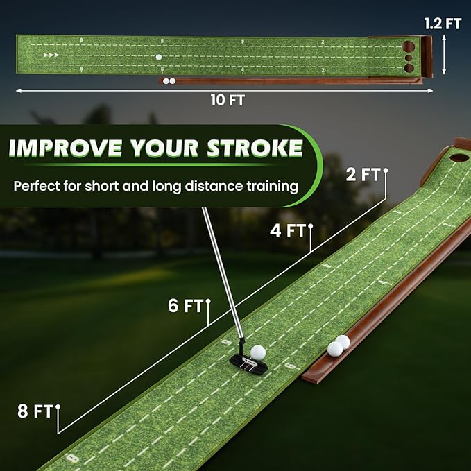 ULTIMATE Indoor/Outdoor Golf Putting Mat, Golf Putting Green w/Automatic Ball Return System, Putter Alignment Guides for Training & Practicing, Golf Practice Equipment for Home & Office (3-Holes)
