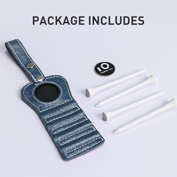 FINGER TEN Golf Tee Holder with Ball Marker and 4 Pcs Wood Tees Value 1/2 Pack, Luxury Leather Gift Hook to Golf Bag Belt Clip