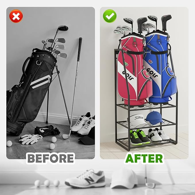 Wall Mount Golf Bag Organizer for Garage, Heavy Duty Golf Storage Rack Holds 2 Bags, Freestanding Golf Bag Stand and Accessories Holder for Home & Shed