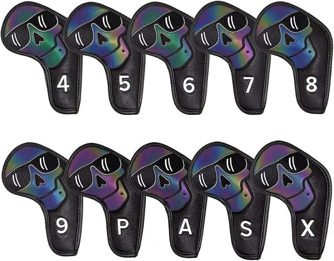 Large Skeleton Golf Club Covers, Iron Covers 10pcs/ Set, Leather Golf Iron Club Head Cover Headcover Set for Men fits Mizuno, Ping, Taylormade All Brand