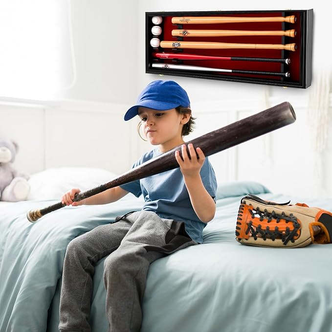 Baseball Bat Display Case Wall Mounted Shadow Box Vertical or Horizontal UV Protection Display Boxes with Acrylic Transparent Door Holder for Collector Memorabilia Gift(5 Baseball Bat)