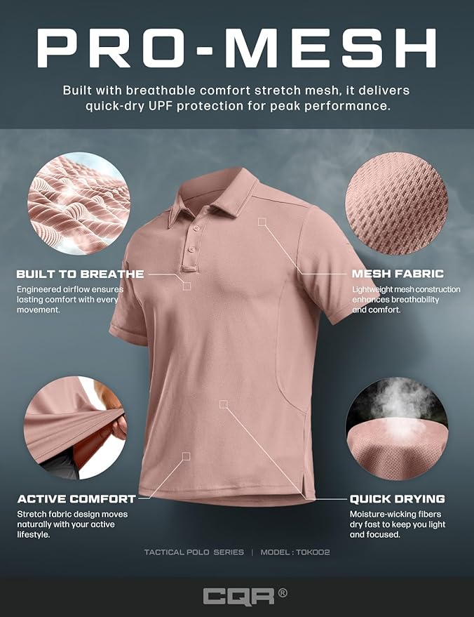CQR Men's Polo Shirts, Tactical Short Sleeve Golf Performance Shirts, Lightweight Dry Fit UPF 50+ Pique
