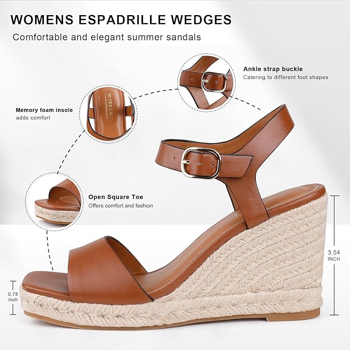 BCTEX COLL Women's Platform Wedge Espadrilles Sandals Comfortable Open Toe Ankle Strap Summer Casual Shoes Brown Black Nude
