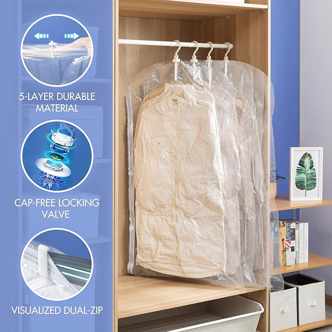 Hanging Vacuum Storage Bags, 6 Pack (53 x27.6 inch), Vacuum Seal Bags for Clothing, Garment Storage for Coat, Jacket, Suits, Dresses, Closet Oragnization and Storage