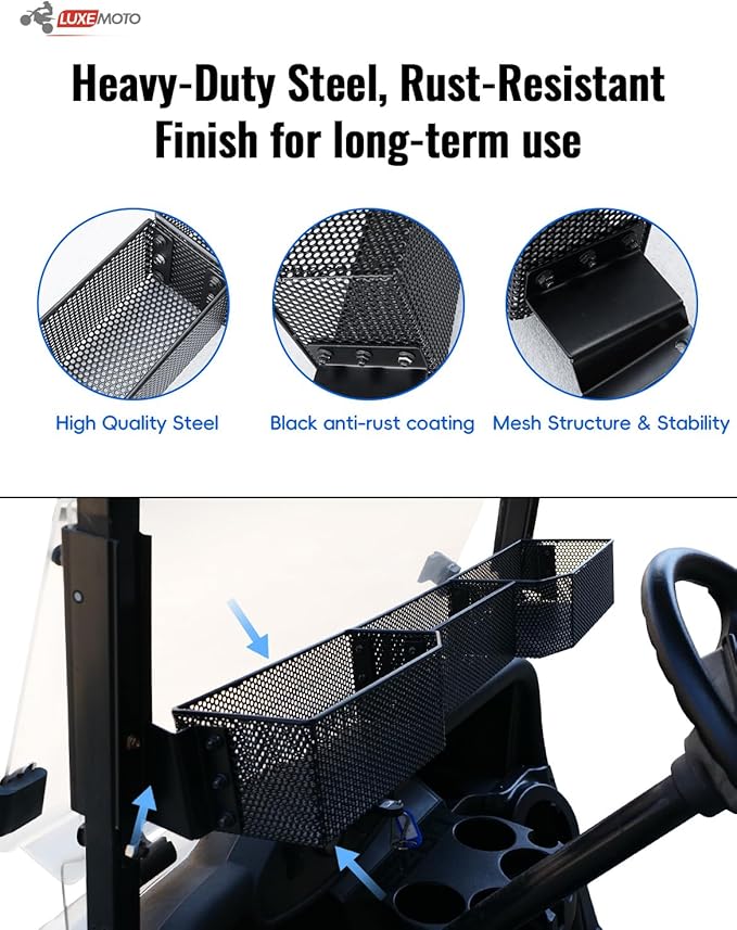 Golf Cart Inner Front Storage Basket for E-Z-GO RXV 2008+, No Drilling Combined Steel Independent Front Inner Dash Tray Storage Organizer for EZGO RXV 2008-2025 Accessories, Black