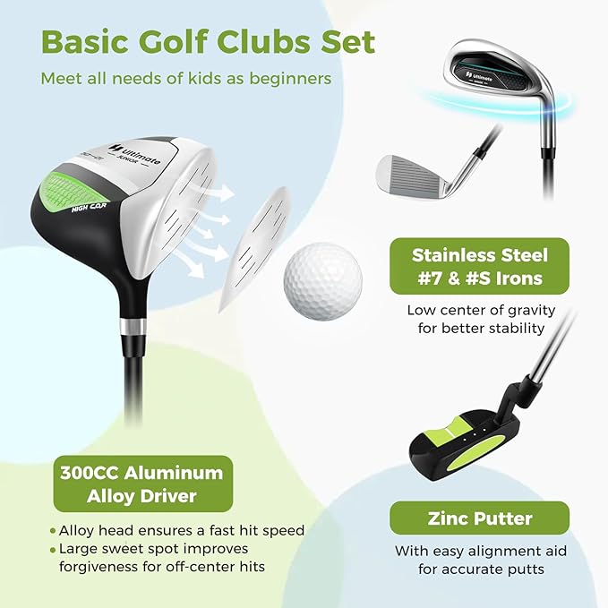 Goplus Junior Complete Golf Club Set for Kids, Right Hand Golf Clubs with Stand Bag, Rain Hood, Golf Practice Set for Ages 5-7,8-10,11-13 Boys Girls