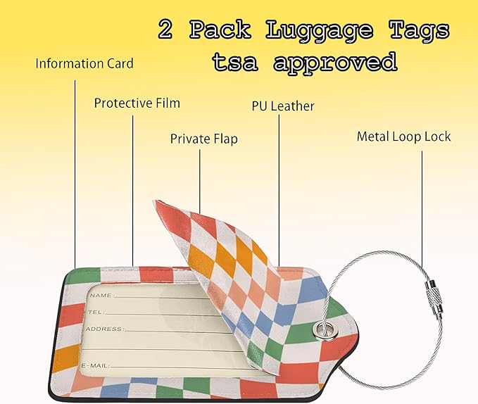 TSA Approved Luggage Tags for Suitcases 2 Pack Colorful Retro Wavy Funny Leather Carnival Cruise Airport Cute Travel Name Tags Golf Bag tag Ships Essentials Privacy Cover ID Label for Women Men