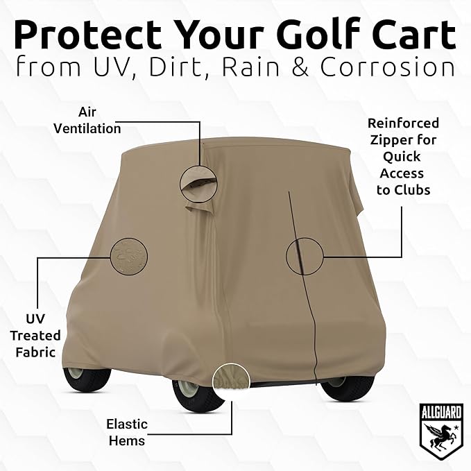 AllGuard Weatherproof Golf Cart Cover, Heavy Duty Polyester, Protects from Rain, Sun, UV & More - Tan (Fits Length: Up to 86")