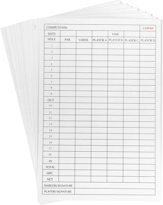 Golf Scorecards 20-Pack – Dual-Sided Tournament & Stats Tracking Score Card for 4 Players, USGA Size 3.9"x5.9", Premium White Paper – Ideal for Practice, Competitions & Gifts