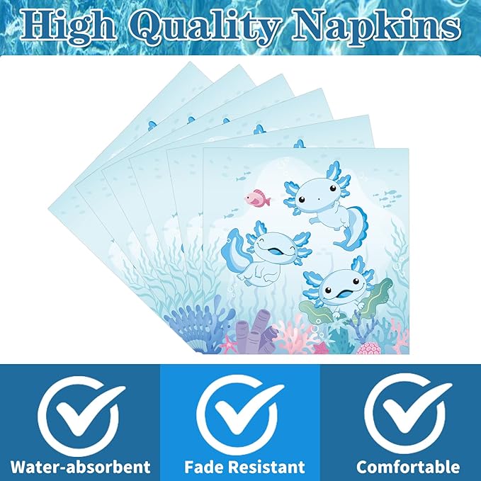 Axolotl Birthday Decorations, Disposable Paper Blue Axolotl Birthday Decorations Napkins Supplies Pack of 50, Cute Party Baby Shower Decor Size 6.5 Inch