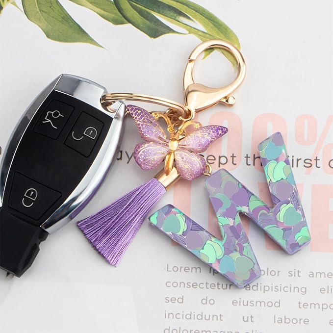 Suweibuke Colourful Cute Initial Letter Keychains for Women Girls with Tassel Butterfly, Charm for Purse Handbags Backpacks