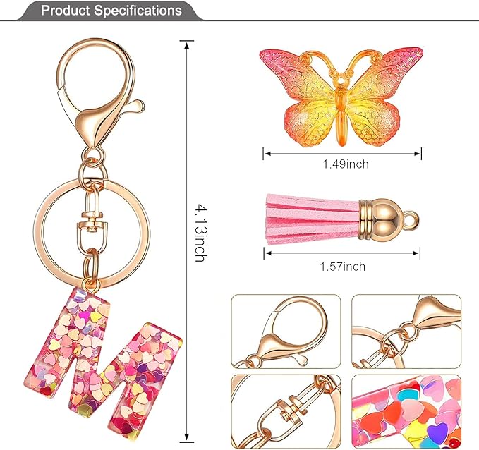 JINGUAZI Initial letter Keychains for Women Tassel Butterfly Pink Purple Cute Car Keychain for Wallet Backpack bag charm