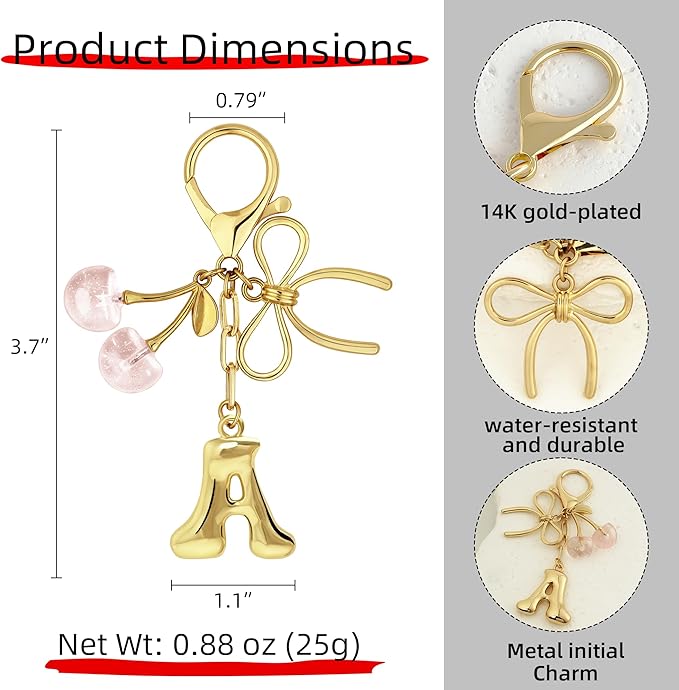 Gold Bubble Heart, Cherry, Bow & More Designs Letter Initial Keychain Bag Charms – Cute Purse Charms for Handbags