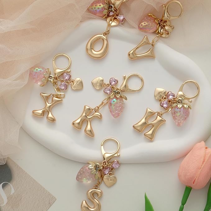 Snycler Bubble Initial Keychain with Strawberry & Bow- Gold Letter Bag Charms for Women, Cute Purse Handbag Accessories