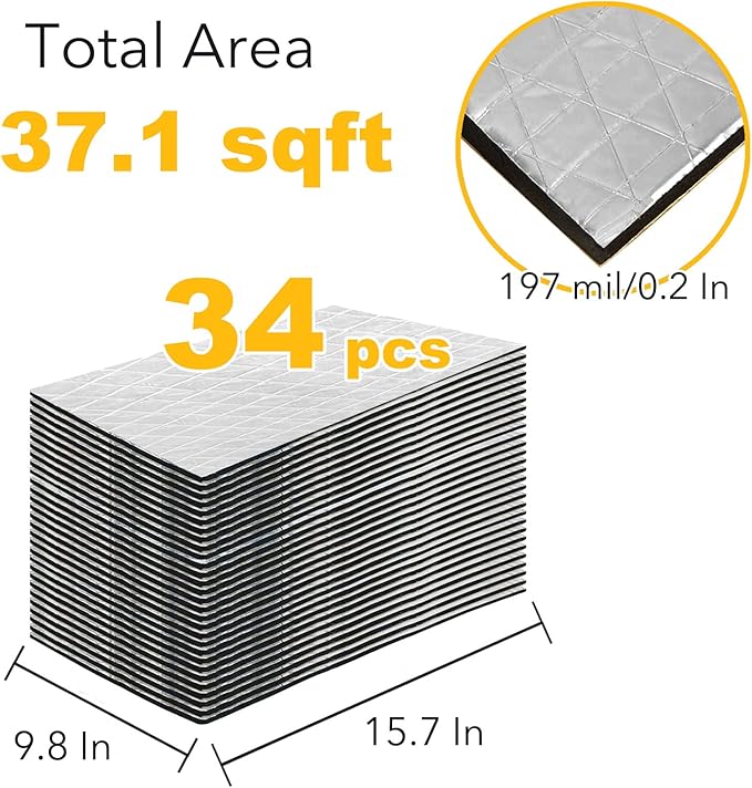 Sound Deadener for Car, Auto Sound Deadening Foam Materials Mat, Heat Insulation and Vibrations Dampening for Audio, Trunk, Floor, Hood, Engine Cover, 197 mil 37.1 sqft