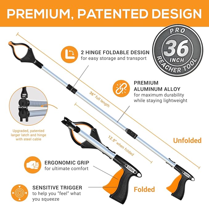 EZPIK Pro 36" Flexible Folding Grabber Tool for Elderly + Magnets, Reacher for Disabled & Seniors Heavy Duty Rotating Grippers for Reaching Underneath, Trash Grabbers & Pickers for Mobility