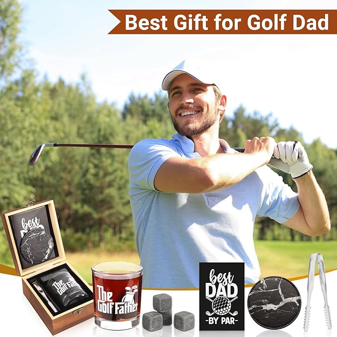 Whiskey Glass Gifts for Golf Dad, Best Gift for Men, Gift with 12oz Whiskey Glasses, Stones, Coaster, Wooden Box for Golf-Dad