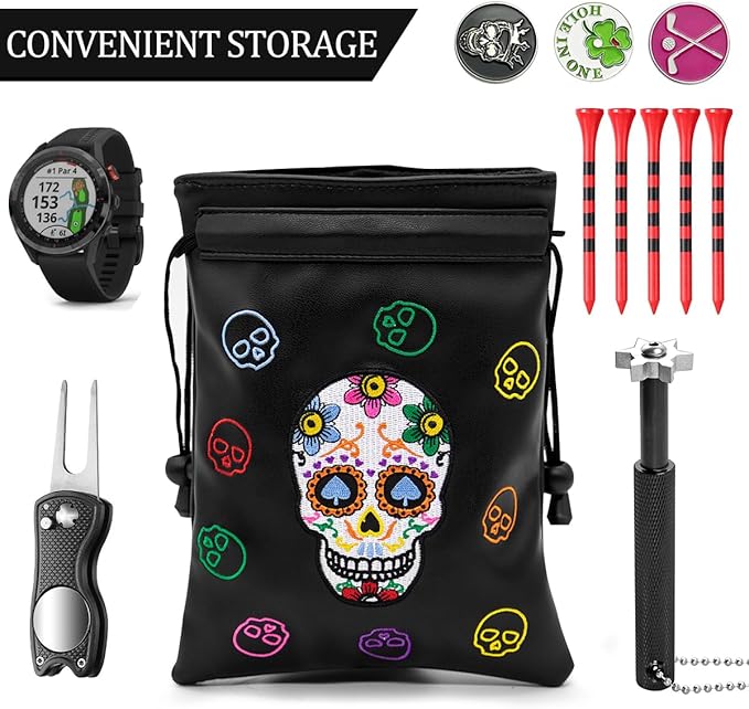 montela golf Valuables Pouch with Drawstrings Skeleton Golf Tee Pouch Leather Ball Bag for Men Women