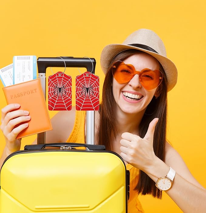 TSA Approved Luggage Tags for Suitcases Spider on Web 2 Pack Funny Leather Carnival Cruise Airport Cute Travel Name Tags Golf Bag tag Ships Essentials Privacy Cover ID Label for Women Men