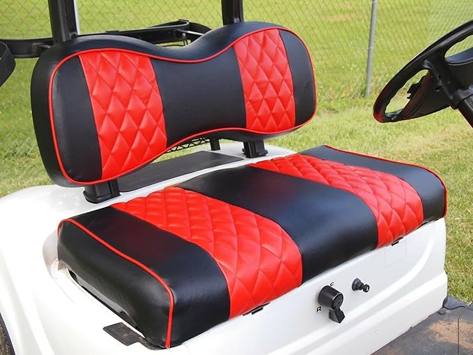 Huskey 4PCS Golf Cart Front/Rear Seat Covers for Club Car DS 2000.5 UP G&E Models Custom Two-Tone Black/Red Diamond Stitching with Red Piping, Marine Grade Vinyl Material, Staple on Design