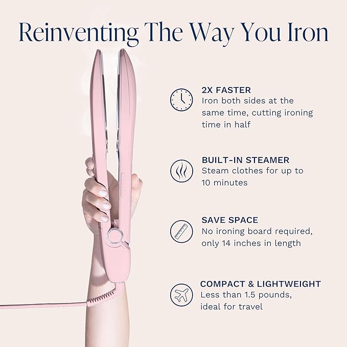Nori Press Travel Steam Iron - Handheld Iron With Optional Steam Feature - No Ironing Board Required - Easy to Use w/ 6 Fabric Settings - Removes Wrinkles - User Manual Included -Pink