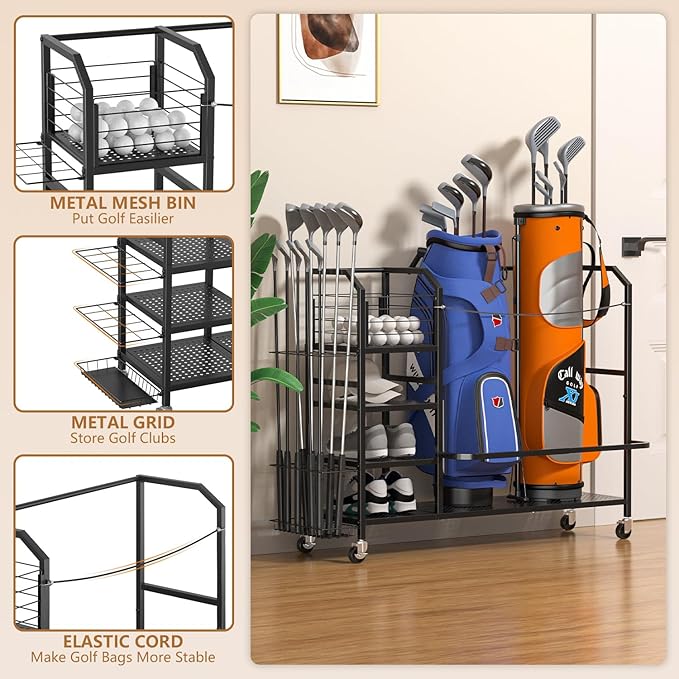 Golf Bag Storage, Big Capacity Golf Bag Organizer for Golf Bag and Equipment Accessories, Golf Organizer for Garage, Home or Club,Extra Storage Rack for Golf Clubs,Black
