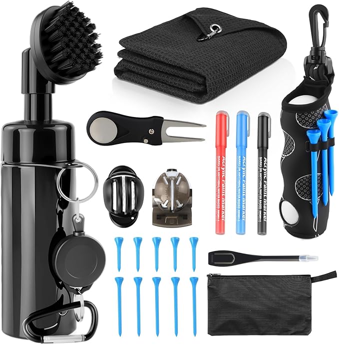 21 Pcs Golf Essentials Kit, Golf Club Cleaning Kit - Golf Club Brush & Golf Towel, Golf Ball Bag & Tees Holder & 2 Sizes Tees, Divot Repair Tool & Ball Marker, Must Haves Golf Accessories
