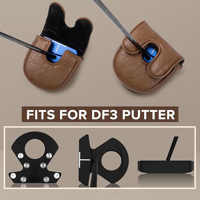 Golf Putter Covers Mallet Putter Headcover for Golf DF3 Putter, Brown Putter Cover Magnetic Closure Premium Leather Mallet Putter Covers for 2 Ball Putter