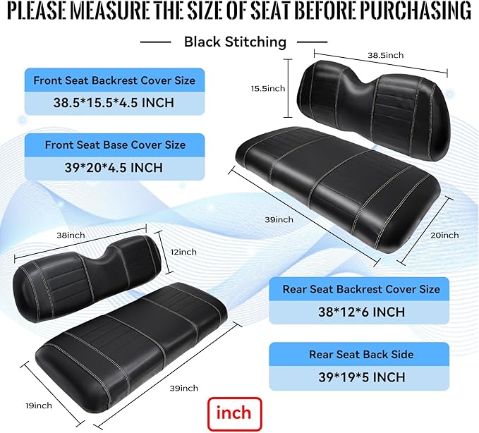 Golf Cart Seat Covers fits Club Car Precedent/DS/EZGO RXV/TXT/Yamaha Front Rear Seat Cushion，Black Leather Custom Stripe Soft Comfortable/Anti-Scratch/Easy to Clean