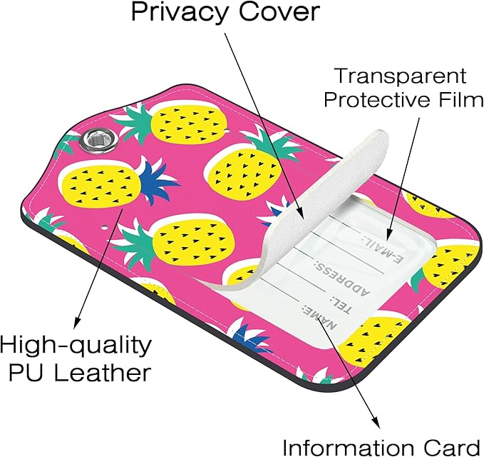 2 Pack Luggage Tags for Suitcase,Tropical Pineapple Fruit PU Leather Luggage Tags with Privacy Cover Name Address Labels and Steel Ring,Creative Travel Accessories for Men and Women