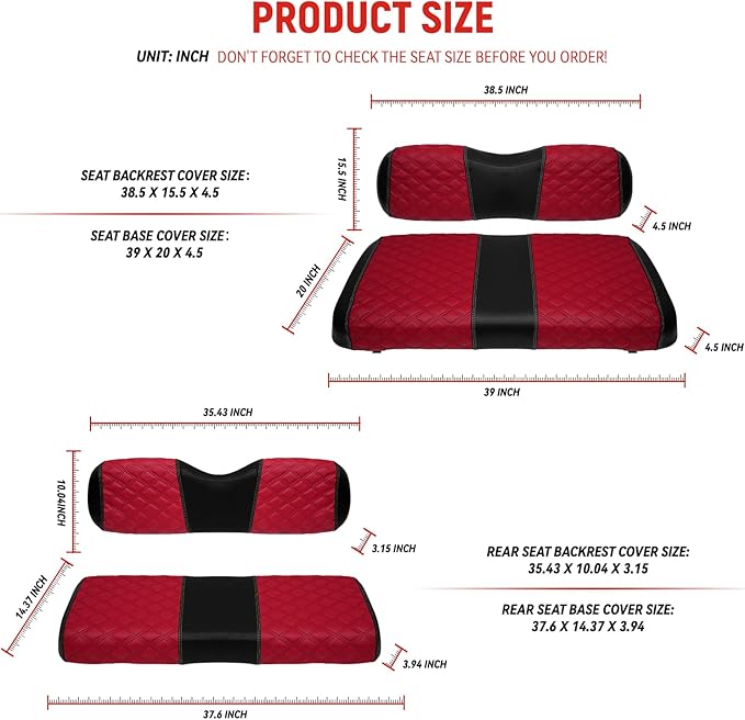 Golf Cart Seat Covers Front and Rear Waterproof and Sun Resistant Marine Grade Vinyl Leather Seat Cover Accessories for EZGO TXT 1994-2013, Deep Red(4PCS)