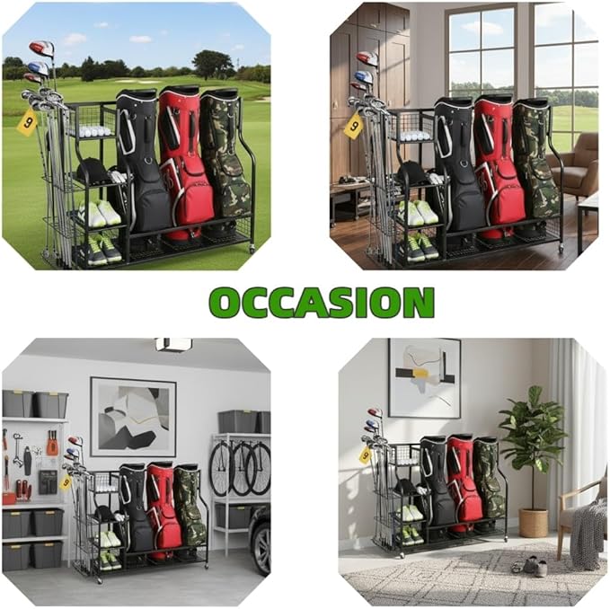 4-in-1 Golf Bag Storage Organizer,Extra Large Capacity Golf Storage Rack Holder for Garage & Basement, Heavy Duty Golf Club Storage Stand Holds Golf Bags, Clubs, Balls & Golf Equipment Accessories