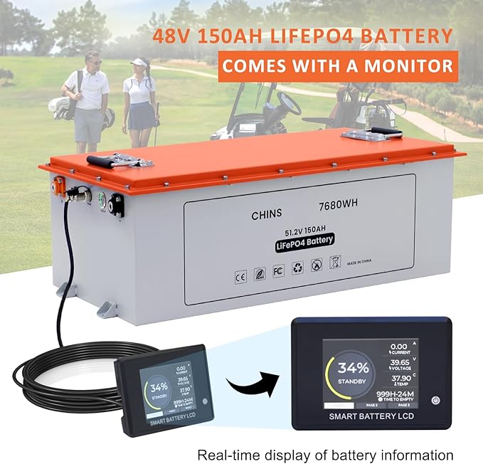 CHINS 48V 150Ah Lithium Golf Cart Battery with 48V 18A Lithium Charger, Built-in Smart 200A BMS, with Touch Monitor & Mobile APP, 4000+ Cycles Rechargeable LiFePO4 Battery, Max 10.24kW Power Output
