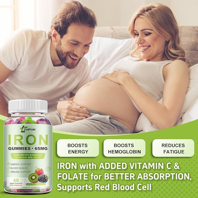 Iron Supplement for Women, Men & Kids, 65mg & Vitamin C 250mg per Serving with B6 B12 Folate- Energy Support for Iron Deficiency, Anemia, Vegan GummyRaspberry Kiwi & BlackBerry Flavor, 60 Gummies