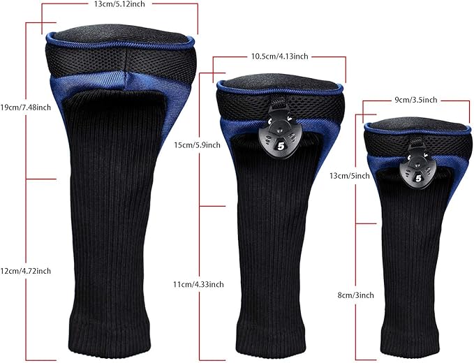 Black Golf Club Head Cover for Driver Fairway 3 Pcs Woods Headcovers, Golf Accessories Hybrid Head Covers Set with Interchangeable Tags 3 4 5 7 X