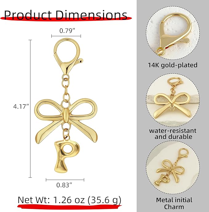 Gold Bubble Heart, Cherry, Bow & More Designs Letter Initial Keychain Bag Charms – Cute Purse Charms for Handbags