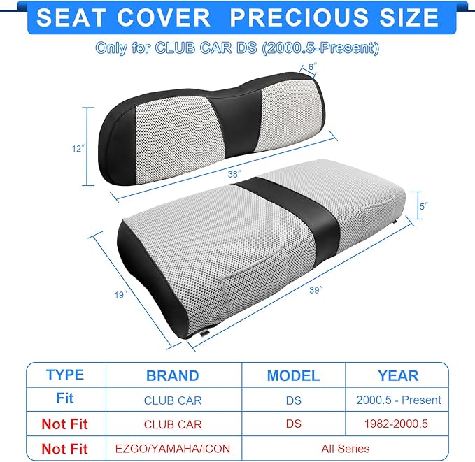 iLSKW Golf Cart Seat Covers for Club Car DS (20000 to Up) Seat Cover OEM Front,Breathable Fabric and Leather Front Seat Cover Like Gloves,Full Wrap-Around Design