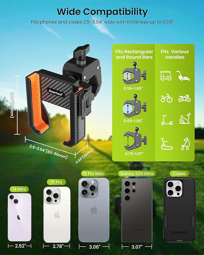 Golf Cart Phone Holder Mount - 3s Phone Clip Install, 1s Lock & Release，Phone Caddy for iPhone Galaxy & More Fits Yamaha Club Car EZGO Icon, Golf Cart Accessories Essentials Gift for Men Women