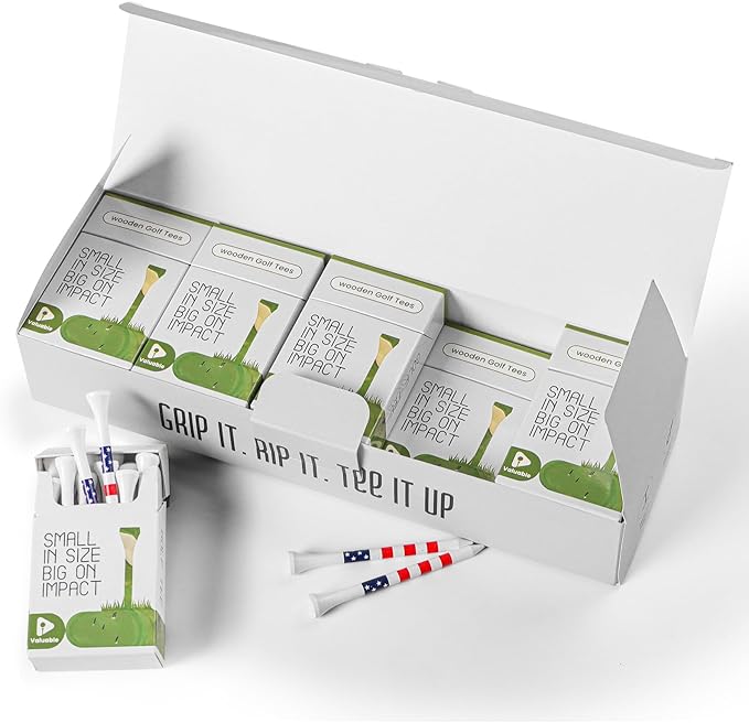 Premium Bamboo Wood Golf Tees Unique Box Design 18-Pack Per Box Value 18/72/180 Pack, Wooden Tees in 2 3/4" 3 1/4" Durable for Golfers, USA Flag Design Pro Tee Choice
