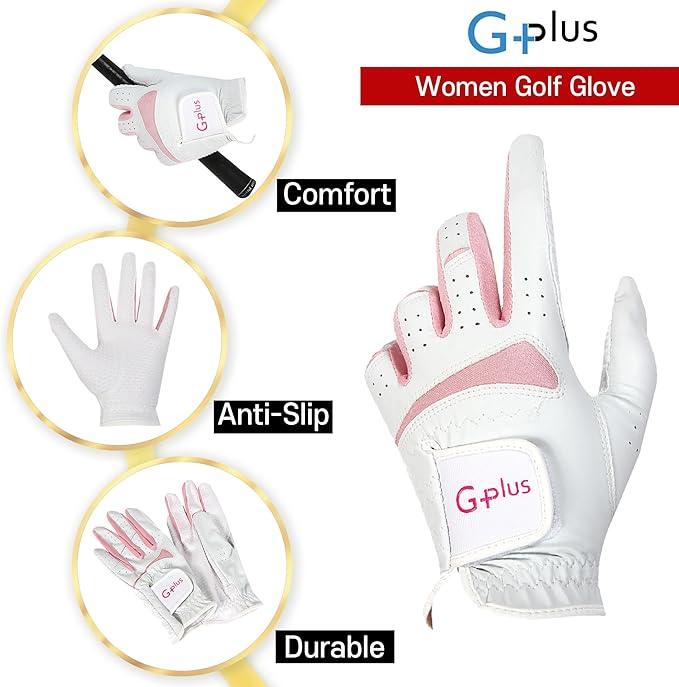 J&S Sporting G-Plus Women's Ladies Golf Gloves, Both Hand (2 Pairs)/Left Hand or Right Hand 4 Pack, Nonslip Durable for Golf Practice